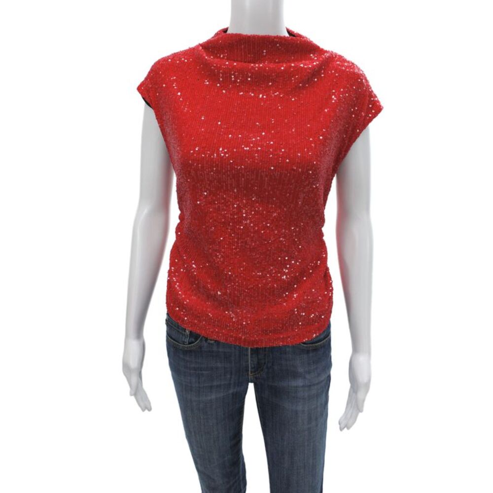 Fifteen Twenty Women Red Sequin Cowl Neck Sleeveless Blouse Size M